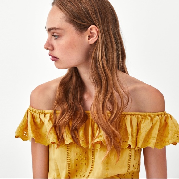 ZARA MUSTARD OFF THE SHOULDER EMBROIDERED MIDI FRILL DRESS SMALL NEW WITH TAGS - Picture 9 of 12